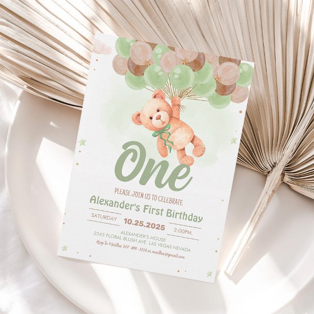 Teddy Bear Boy Bear with Balloons Birthday Invitation (Creator Uploaded)