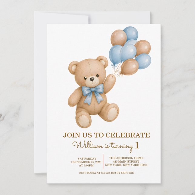 Teddy Bear Boy Birthday Any Age Invitation (Front)