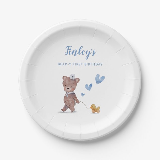Teddy Bear Boy Birthday Party Paper Plate (Front)