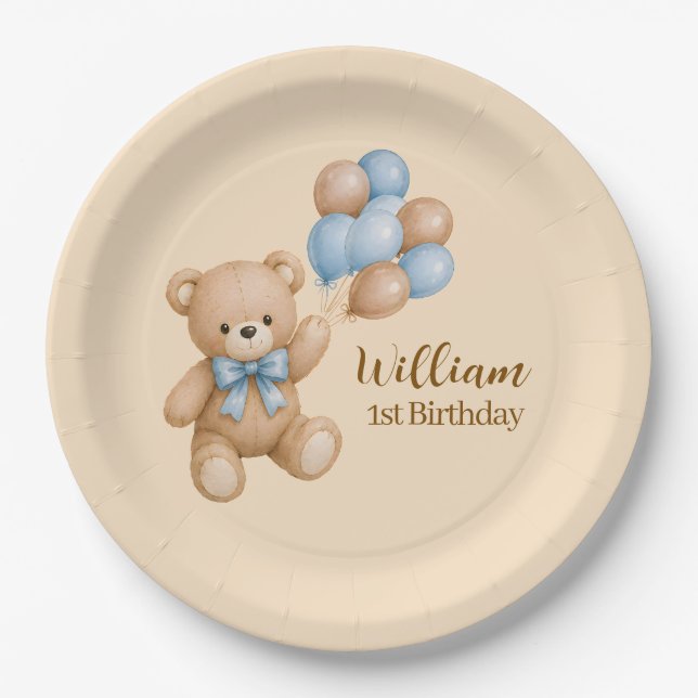Teddy Bear Boy Birthday Personalised Name Paper Plate (Front)