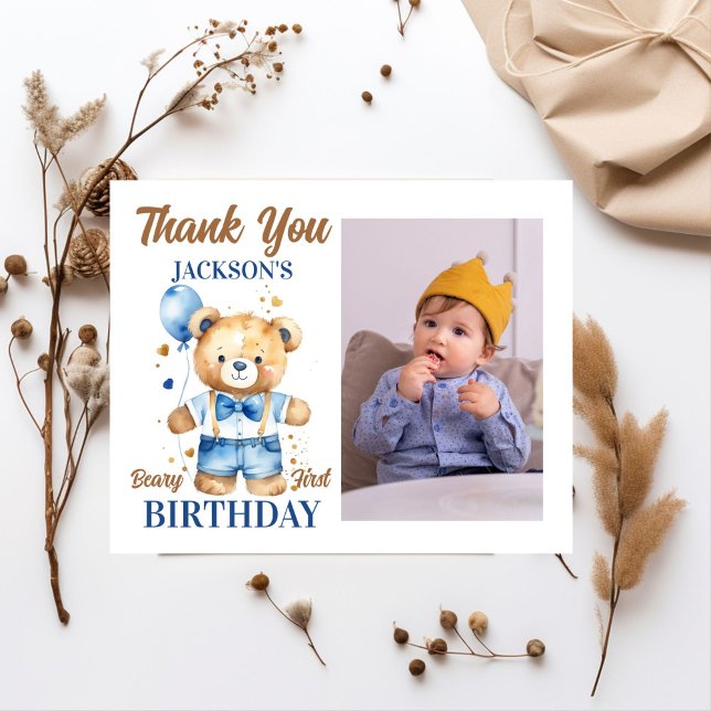 Teddy bear boy birthday thank you photo card (Beary first teddy bear themed birthday photo thank you card watercolor cute teddy bear with balloon)