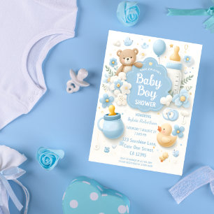 Teddy Bear Boy Blue Baby Shower Invitation
