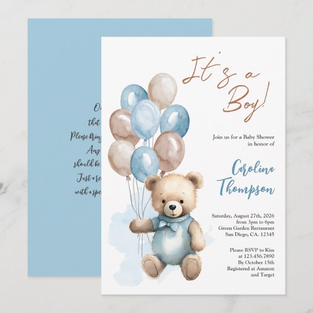 Teddy Bear Boy Blue Balloons Baby Shower Invitatio Invitation (Front/Back)