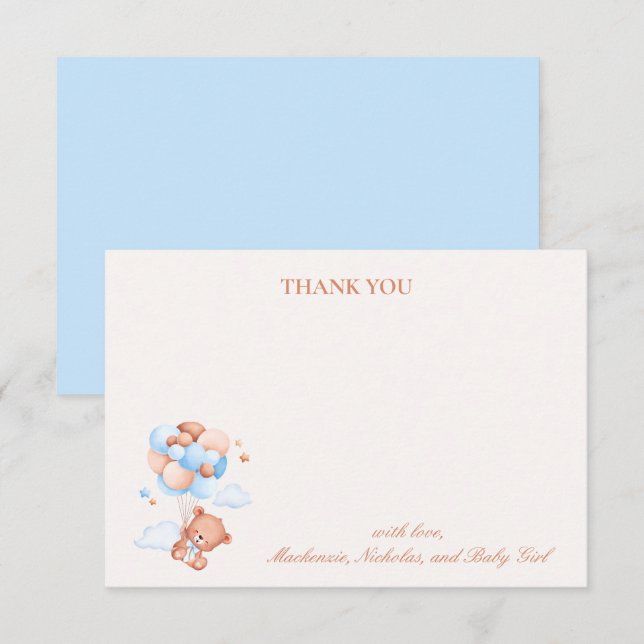 Teddy Bear Boy Blue Bearly Wait Baby Shower  Thank You Card (Front/Back)