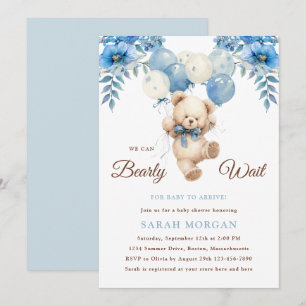 Teddy Bear Boy Blue   Boho Bearly Wait Baby Shower Invitation