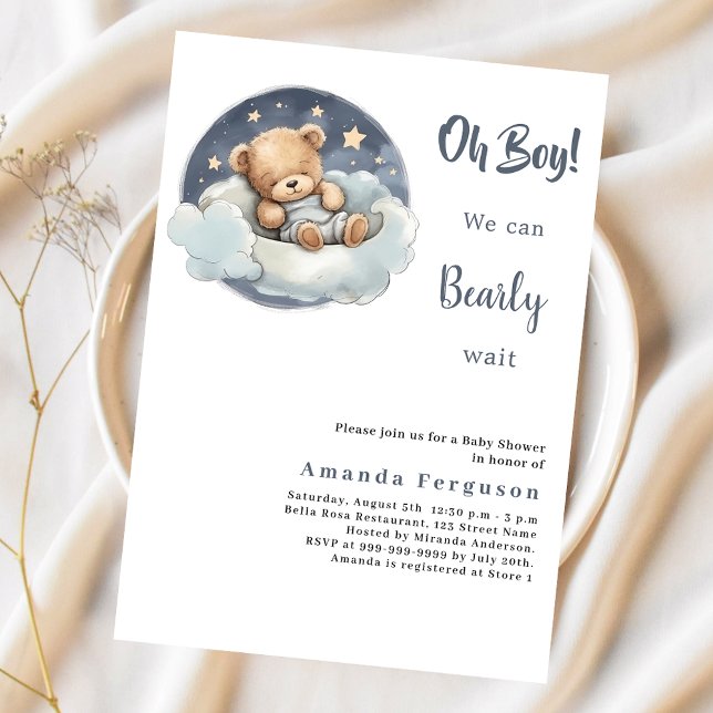 Teddy bear boy blue moon Baby Shower invitation (Creator Uploaded)