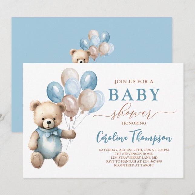 Teddy Bear Boy Blue Pastel Brown Baby Shower Invitation (Front/Back)