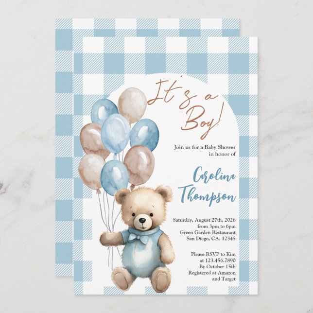 Teddy Bear Boy Blue Plaid Arch Baby Shower Invitation (Front/Back)