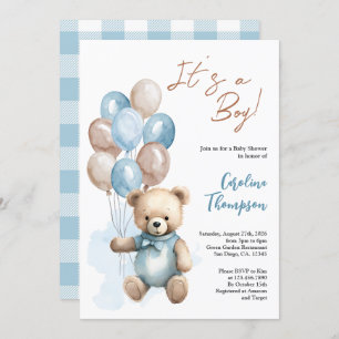 Teddy Bear Boy Blue Plaid Baby Shower Invitatio Invitation