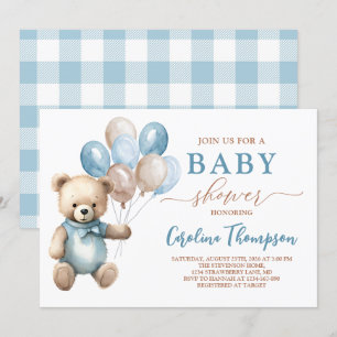 Teddy Bear Boy Blue Plaid Pastel Baby Shower Invitation
