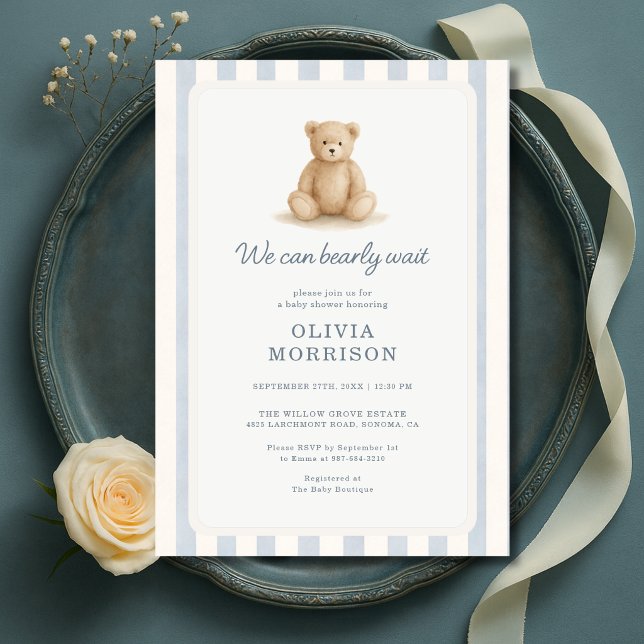  Teddy Bear Boy Blue Stripes Baby Shower Invitation (Creator Uploaded)