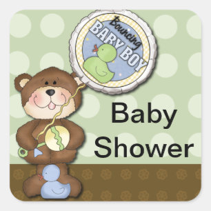 Teddy Bear Boy Brown Green Square Sticker