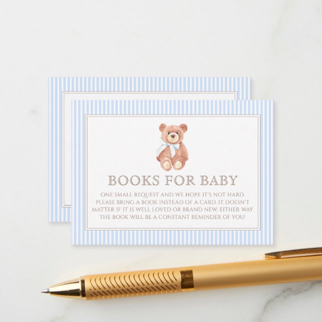 Teddy Bear Boy Classic Baby Shower Books For Baby Enclosure Card (Front/Back In Situ)
