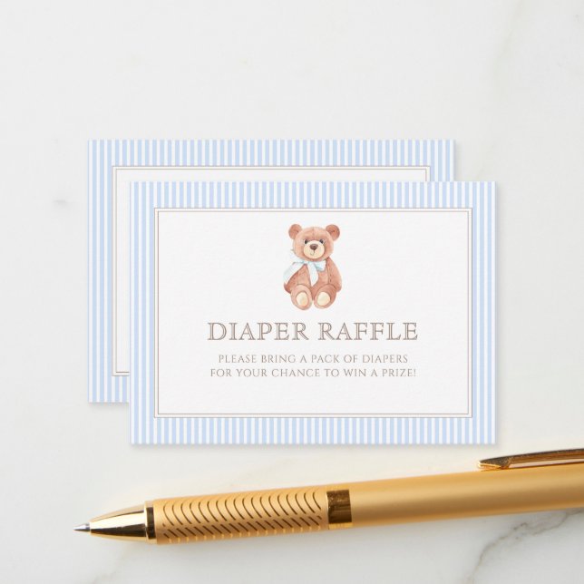 Teddy Bear Boy Classic Baby Shower Diaper Raffle Enclosure Card (Front/Back In Situ)