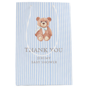 Teddy Bear Boy Classic Blue Stripe Baby Shower  Medium Gift Bag