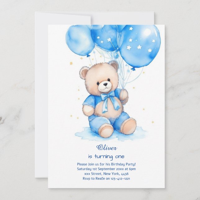 Teddy Bear Boy First Birthday Invitation (Front)