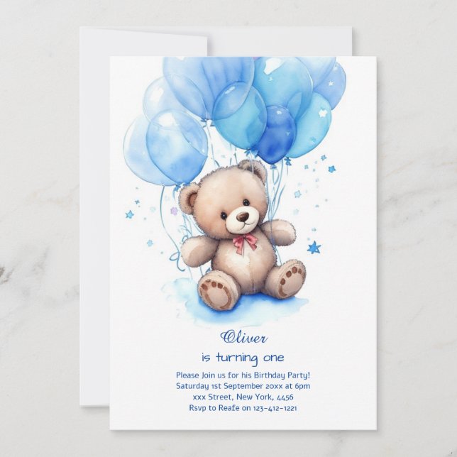 Teddy Bear Boy First Birthday Invitation (Front)