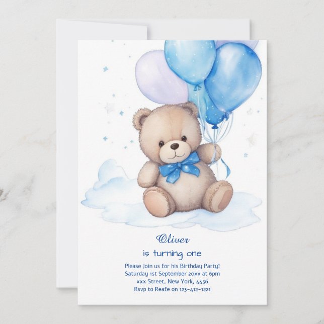 Teddy Bear Boy First Birthday Invitation (Front)