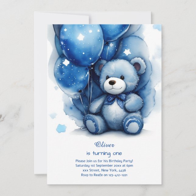 Teddy Bear Boy First Birthday Invitation (Front)