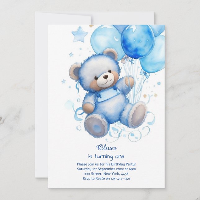 Teddy Bear Boy First Birthday Invitation (Front)