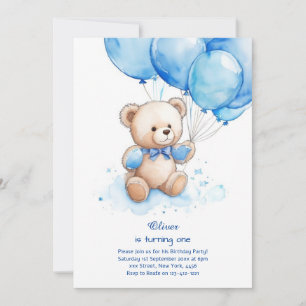 Teddy Bear Boy First Birthday Invitation