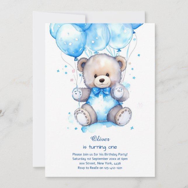 Teddy Bear Boy First Birthday Invitation (Front)