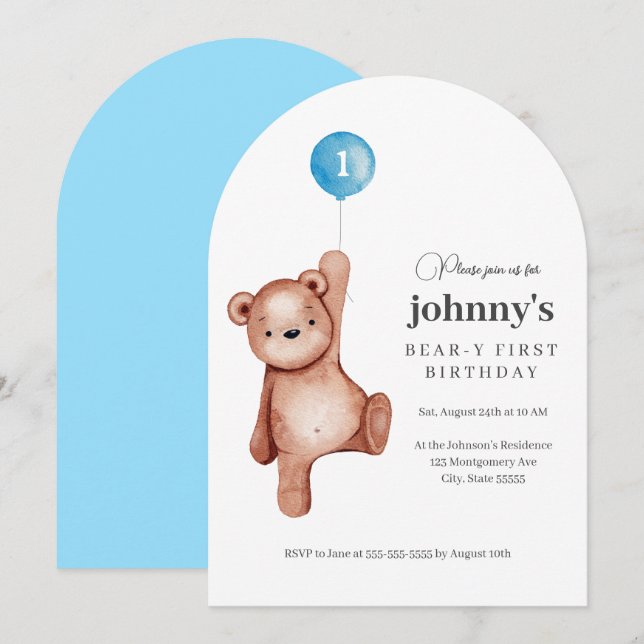 Teddy Bear Boy First Birthday Party Invitation (Front/Back)