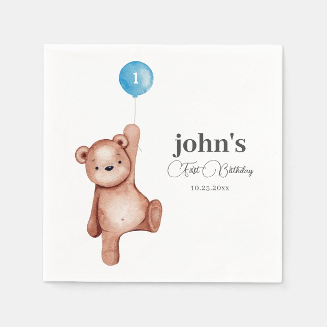 Teddy Bear Boy First Birthday Party Napkin (Front)