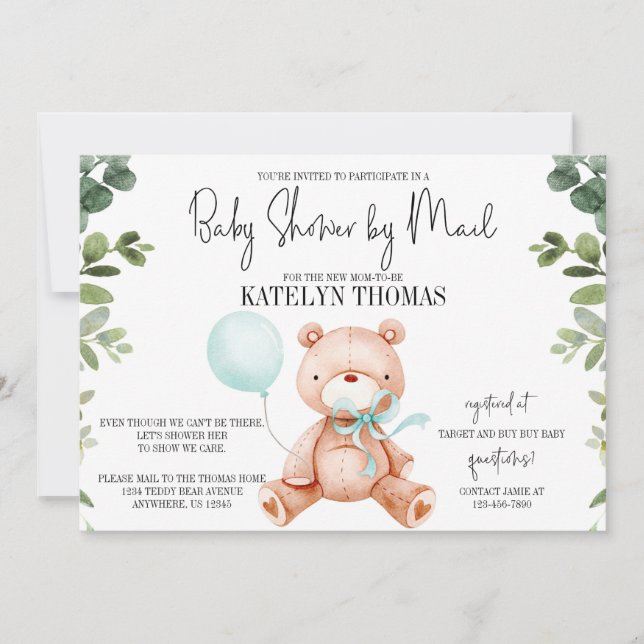 Teddy Bear Boy Greenery Baby Shower by Mail Invitation (Front)
