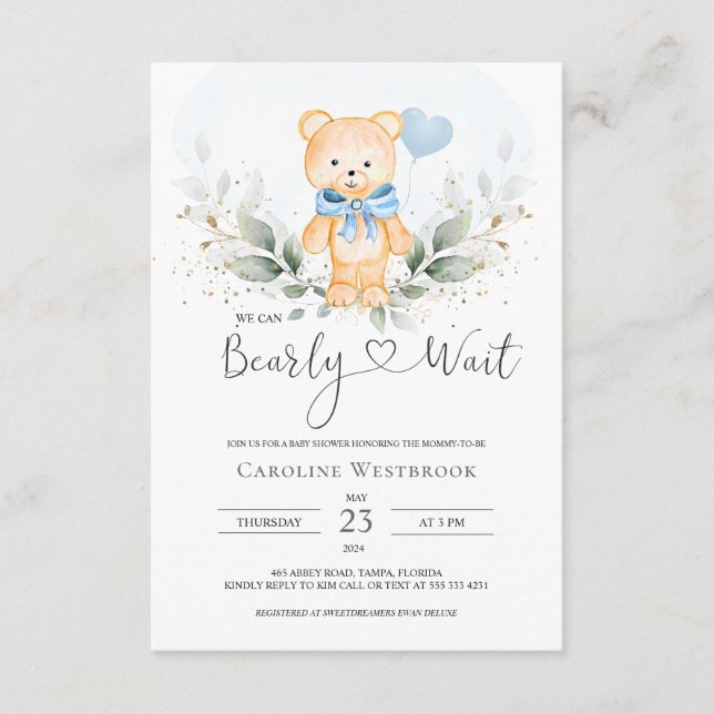 Teddy Bear Boy, Greenery Foliage  Baby Shower Enclosure Card (Front)