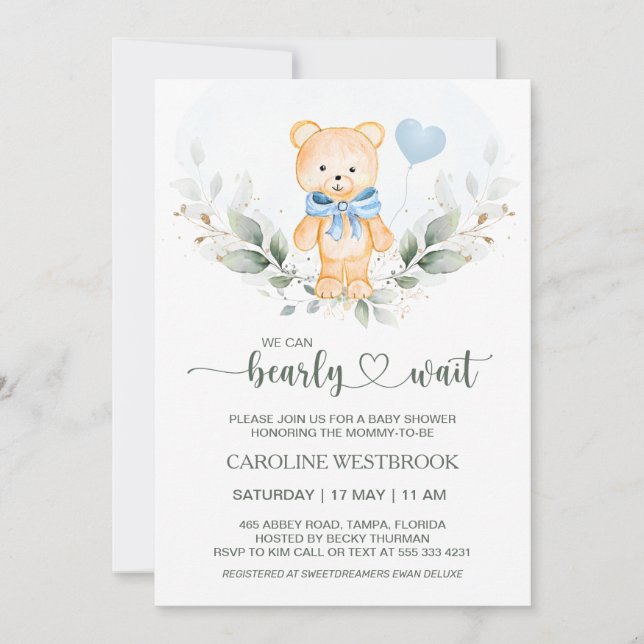 Teddy Bear Boy Greenery Foliage  Baby Shower Invit Invitation (Front)
