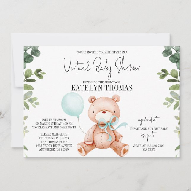 Teddy Bear Boy Greenery Virtual Baby Shower Invitation (Front)