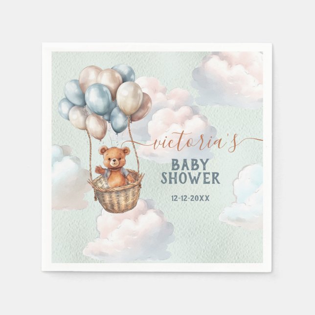 Teddy Bear Boy Hot Air Balloon Baby Shower Napkin (Front)