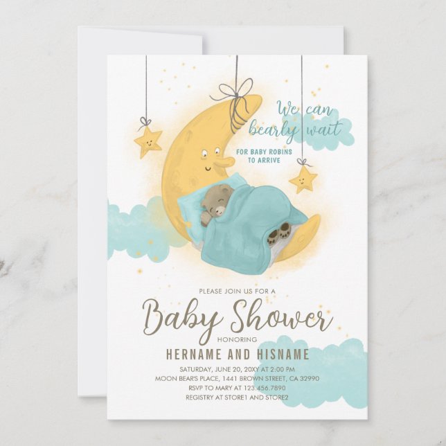 Teddy Bear Boy Moon Stars Blue Baby Shower Invitation (Front)
