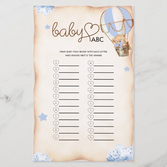 Teddy Bear Boy Shower Blue Baby ABC game card (Front)