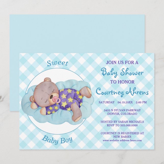 Teddy Bear Boy Sleeping Baby Shower Invitation (Front/Back)