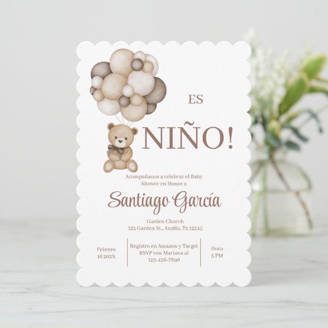 Teddy Bear Boy Spanish Invitation (Standing Front)