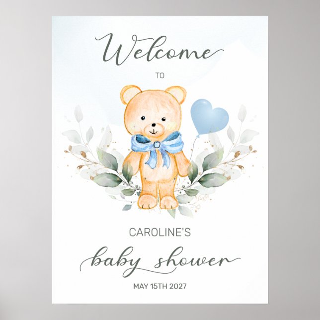 Teddy Bear Boy Welcome Baby Shower Poster (Front)