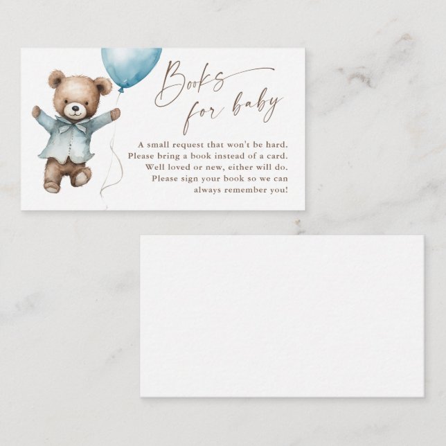 Teddy Bear Boys Baby Shower Books for Baby Enclosure Card (Front/Back)