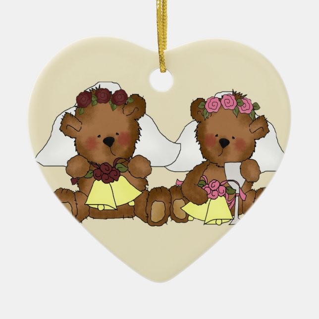 Teddy Bear Brides Wedding Ceramic Tree Decoration (Front)