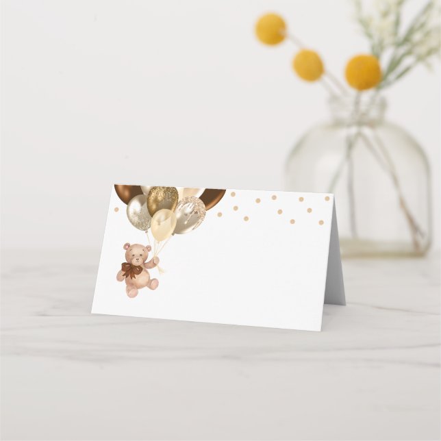 Teddy Bear Brown and Gold Balloons Baby Shower Place Card (Front)