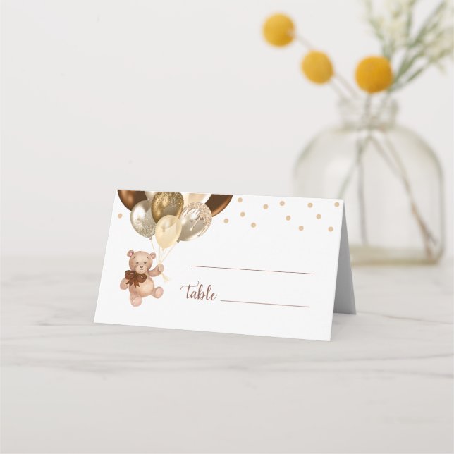 Teddy Bear Brown and Gold Balloons Baby Shower Place Card (Front)