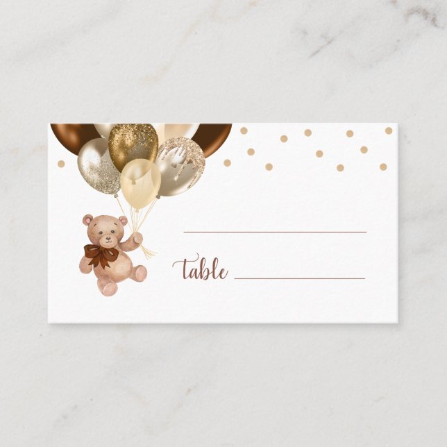 Teddy Bear Brown and Gold Balloons Baby Shower Place Card (Front)