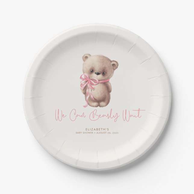 Teddy Bear Brown and Pink Baby Shower Paper Plate (Front)
