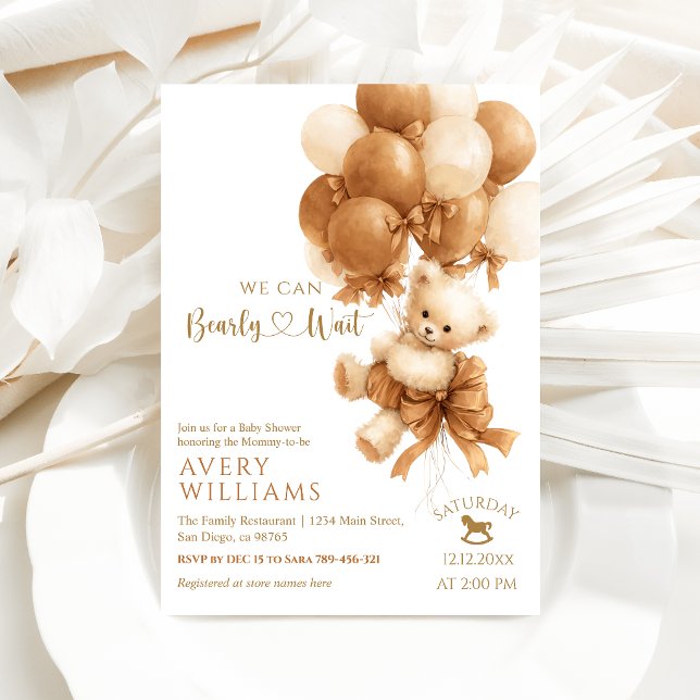 Teddy Bear Brown Balloon Bow Baby Shower Invitation (Creator Uploaded)