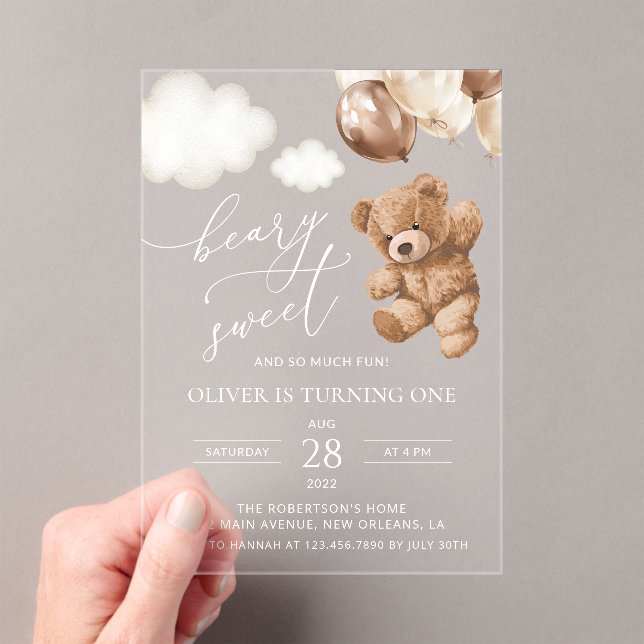 Teddy Bear, Brown Balloons, First Birthday Acrylic Invitations (Insitu (Handheld))