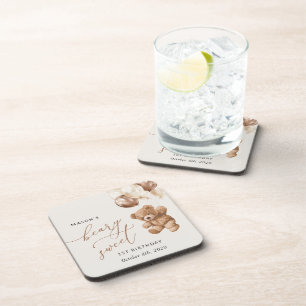 Teddy Bear, Brown Balloons, First Birthday Coaster