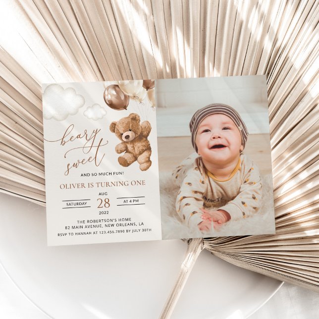 Teddy Bear, Brown Balloons, First Birthday Invitation (Creator Uploaded)