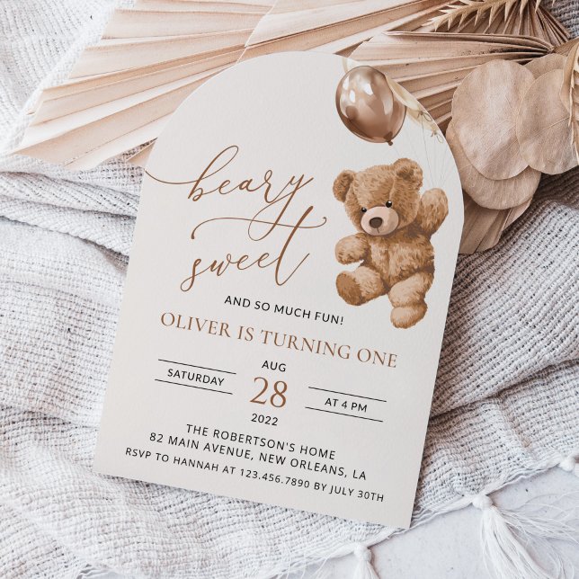 Teddy Bear, Brown Balloons, First Birthday Invitation (Creator Uploaded)