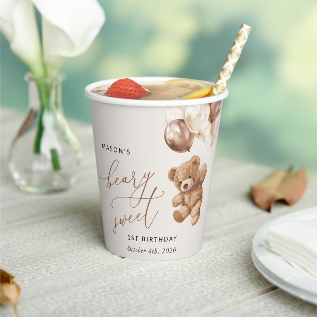 Teddy Bear, Brown Balloons, First Birthday Paper Cups (Insitu)